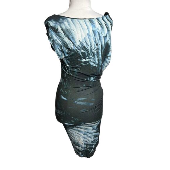 Helmut Lang Draped Bird Print Asymmetric Dress Blue Grey Sz M - Picture 3 of 6